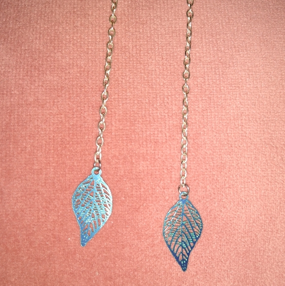 Solid 925 Sterling Silver Ear Wires Handmade Long Chain Blue Leaf Earrings New - Picture 3 of 9